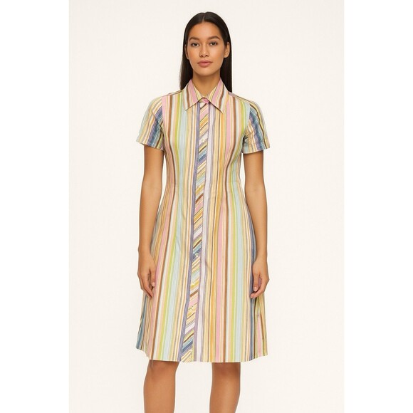 Trina Turk Dress Stipe Pastel Buttondown Shirt Dress Lightweight 4 - Picture 1 of 5